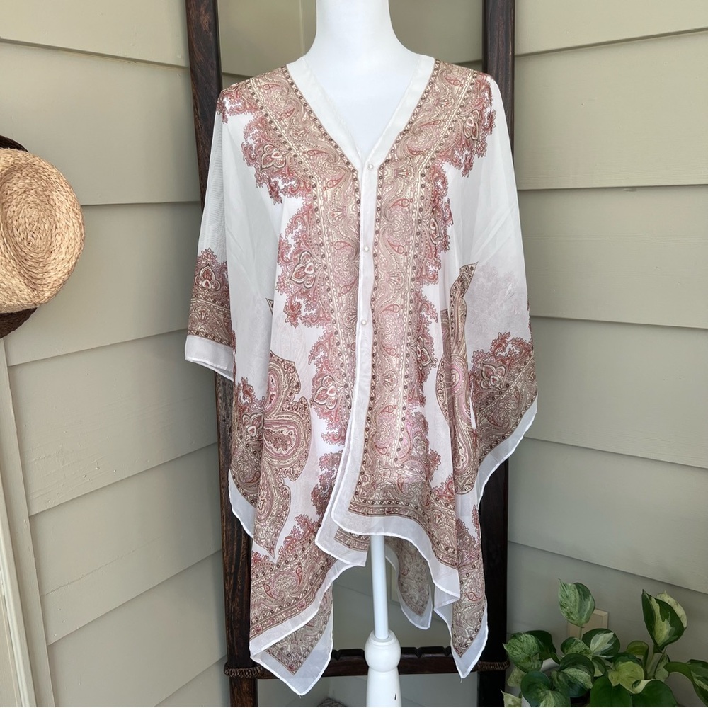 Women’s Paisley Beach Cover-Up Loose Chiffon Blouse Tan Scarf Sheer One Size